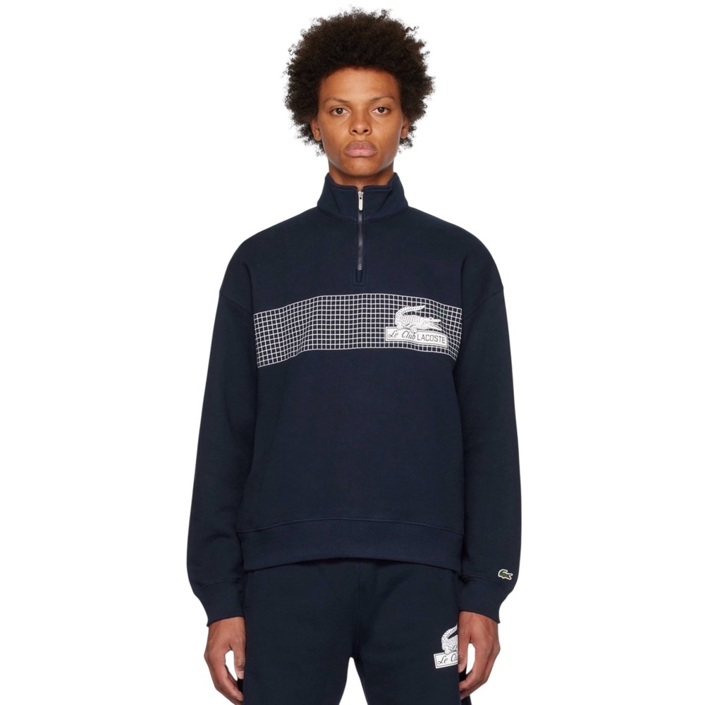 Lacoste Le Club Grid Logo Quarter Zip Sweatshirt Loose Fit Mens Unisex Navy M